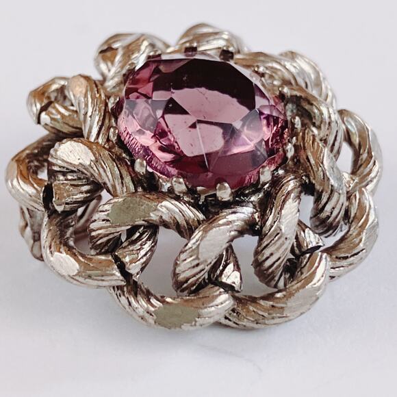 Vintage Mid Century Silver Tone Purple Glass Domed Rope Brooch 1950s 1960s - Picture 6 of 10